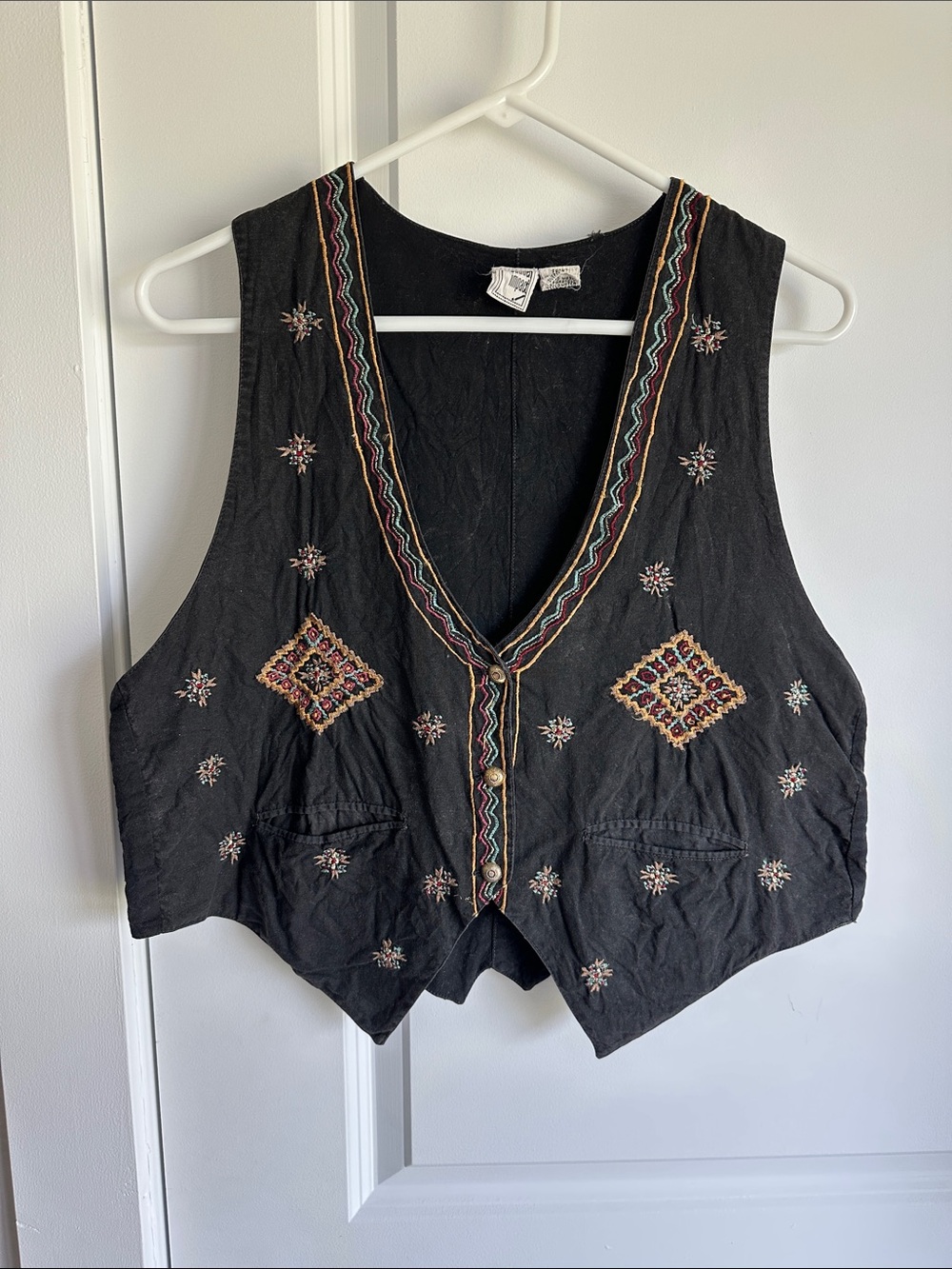 Vintage Sudden Impact Embroidered Vest Large Black Boho Western Concert